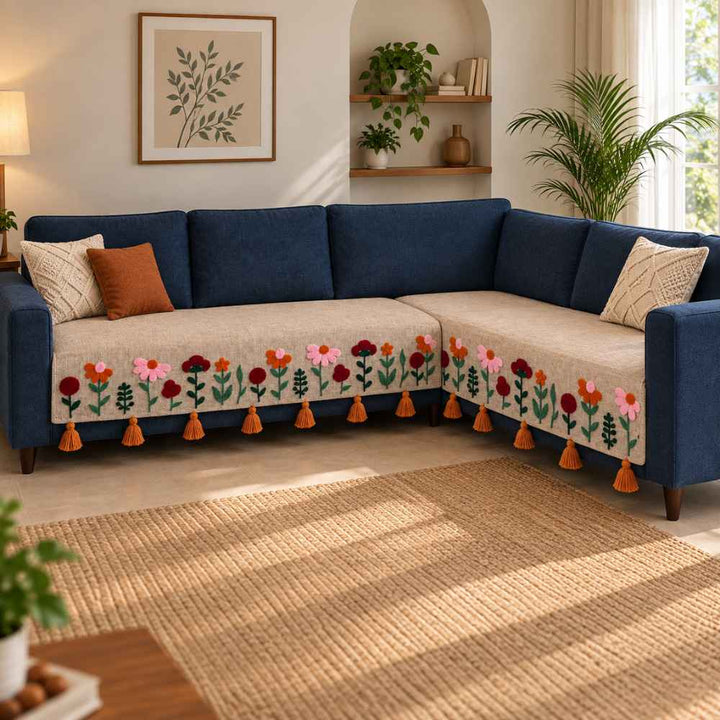Desert Flora Jute Look Cotton Sofa Cover jute sofa cover Great Happy IN Desert Flora 3+2(L SHAPE) 