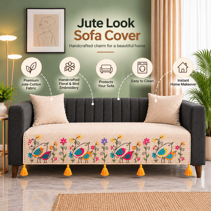 Bird Jute Look Cotton Sofa Cover jute sofa cover Great Happy IN 