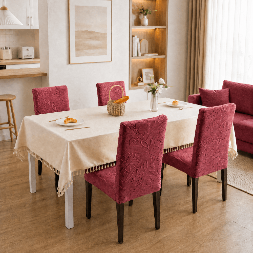 Maroon Jacquard Chair Cover - Stretchable & Elastic Fitted Great Happy IN 4 PCS - ₹1799 