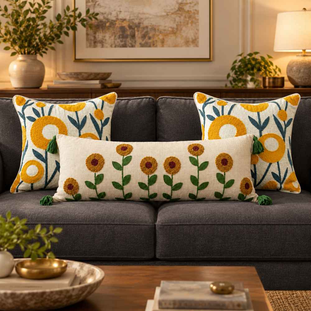 Festive Sofa Styling Set - Buy 1 Lumbar Cover, Get 2 Cushion Covers FREE cushion cover Great Happy IN Tufted Sunflower 