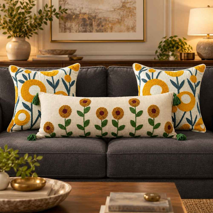 Festive Sofa Styling Set - Buy 1 Lumbar Cover, Get 2 Cushion Covers FREE cushion cover Great Happy IN Tufted Sunflower 