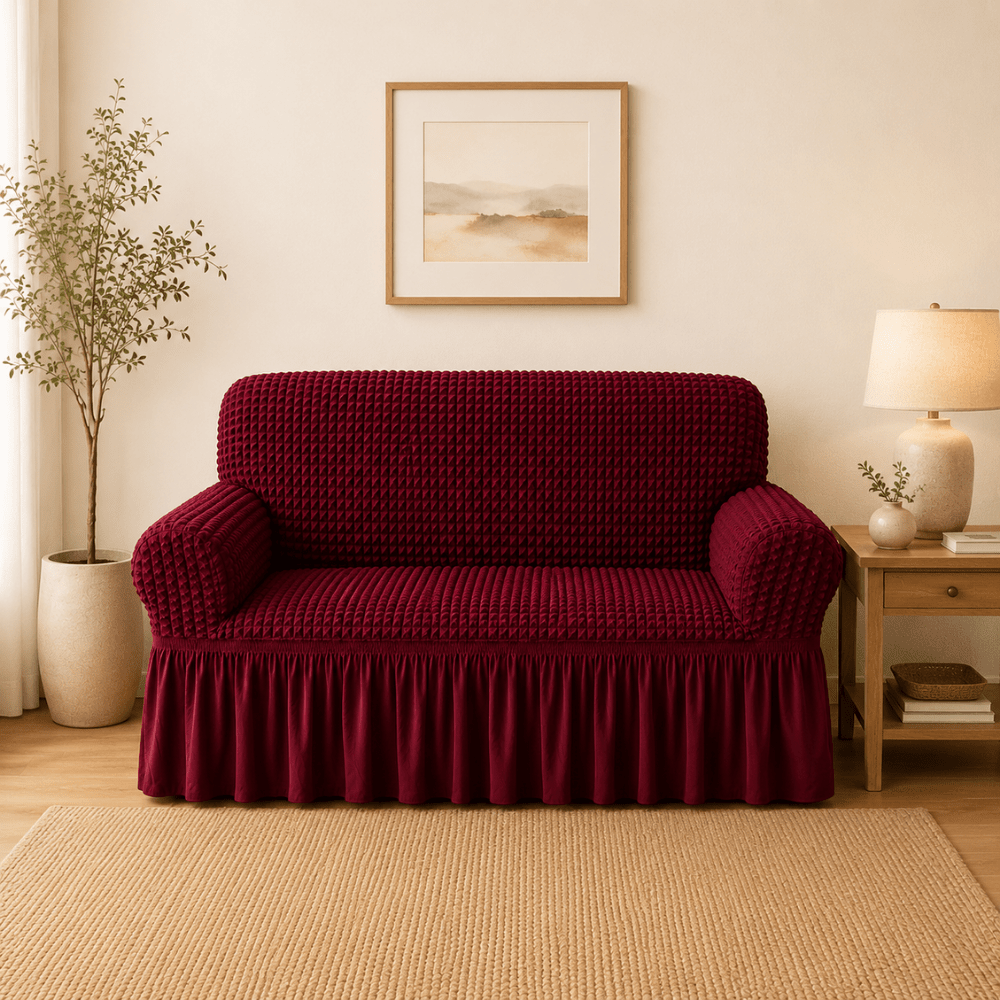 Maroon Bubble Frill Sofa Cover bubble frill sofa cover Great Happy IN 2 Seater 