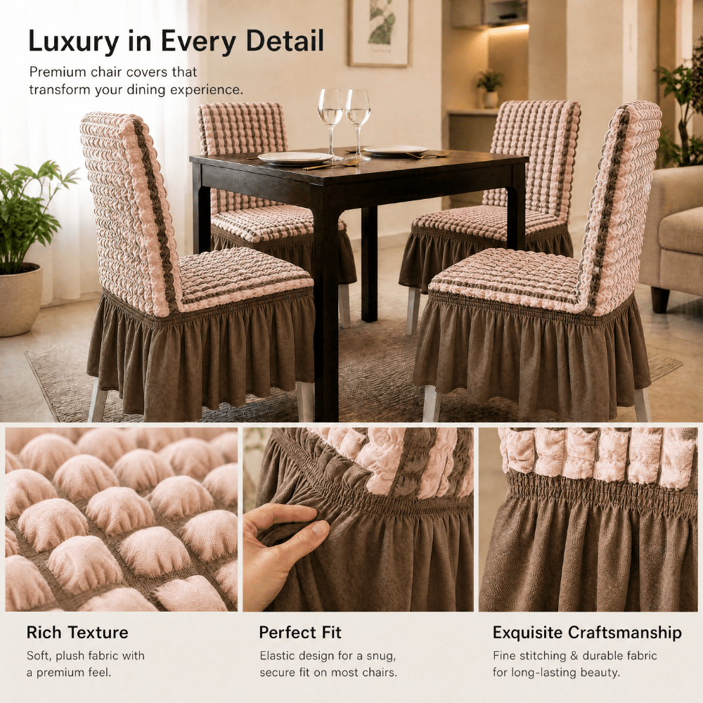 Beige Stripe Bubble Frill Chair Cover- Stretchable & Elastic Fitted