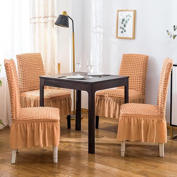 Bubble Frill Stretchable & Wrinkle-Free Chair Cover Great Happy IN Bubble Frill Orange 4 PCS - ₹1799 (₹450 per pc) 