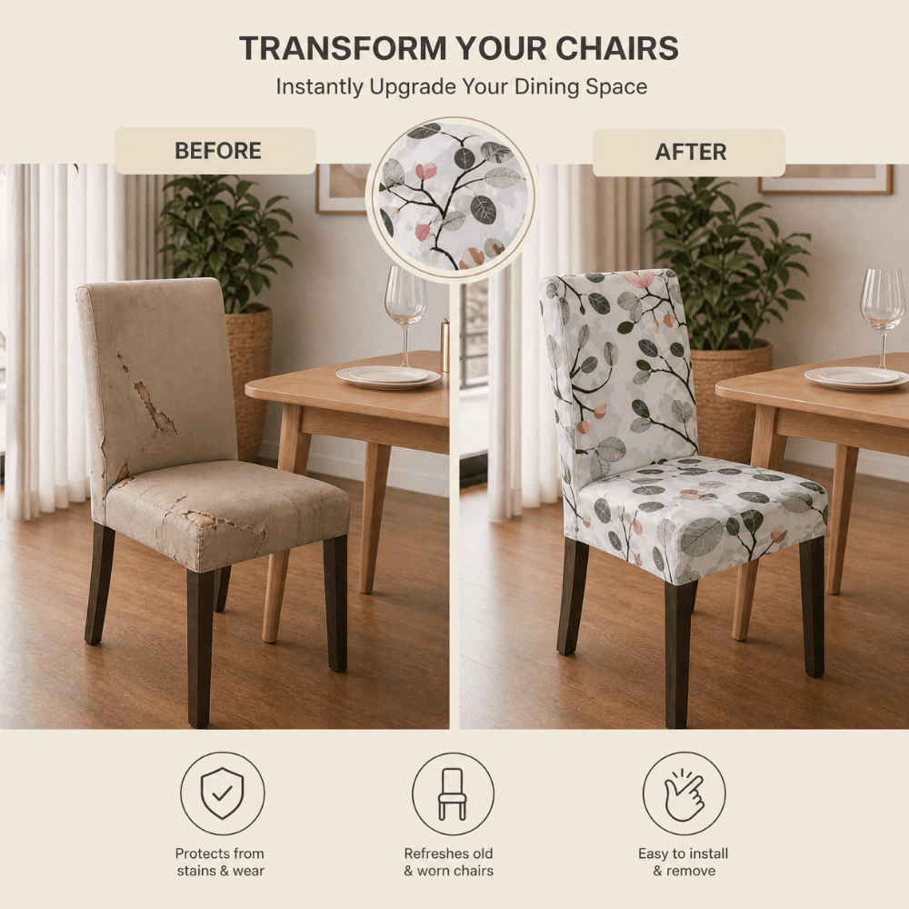 Leaf Green Pink Flower Premium Chair Cover - Stretchable & Elastic Fitted printed chair covers Great Happy IN 