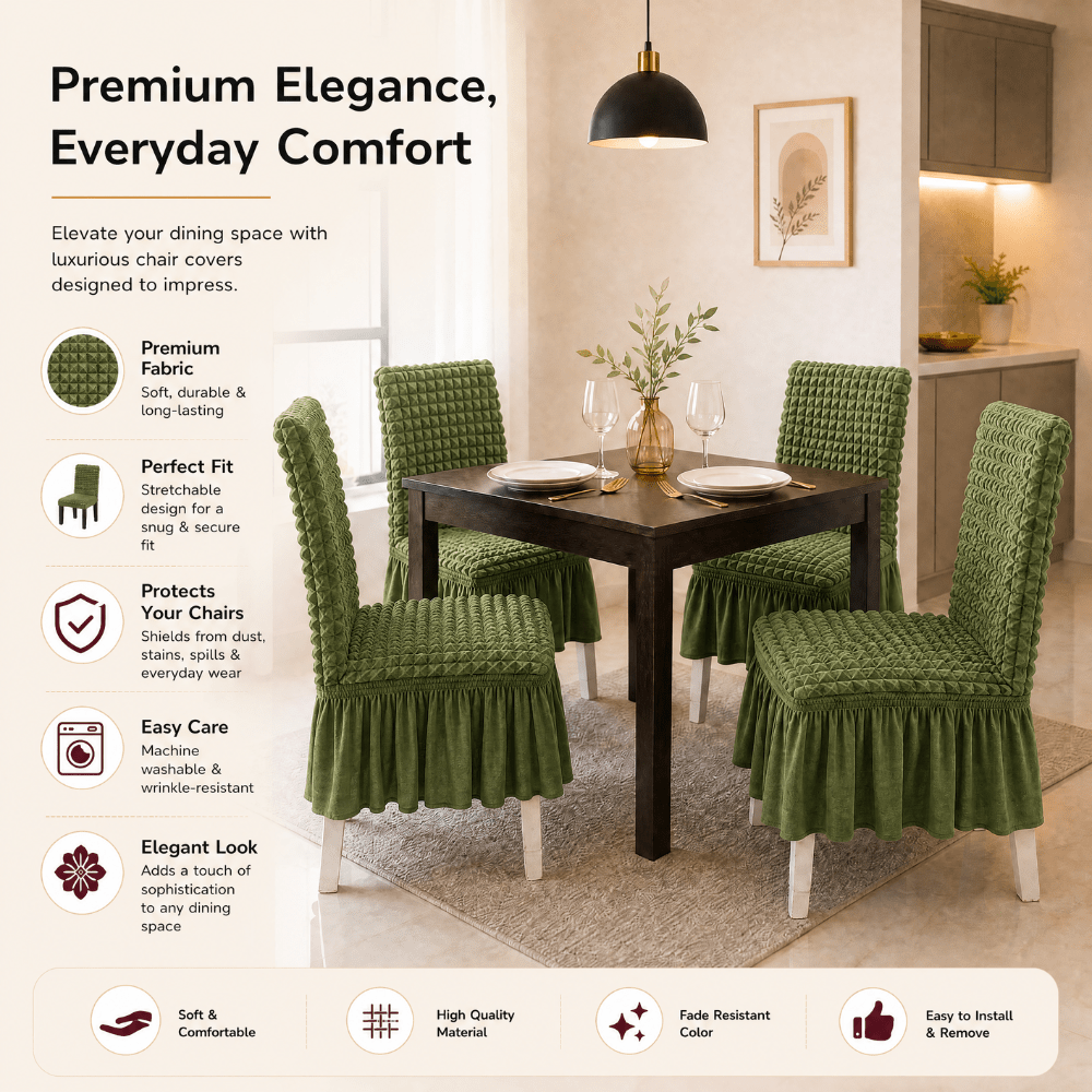 Green Bubble Frill Chair Cover- Stretchable & Elastic Fitted