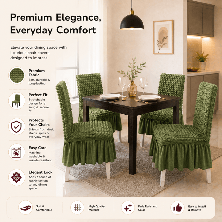 Green Bubble Frill Chair Cover- Stretchable & Elastic Fitted