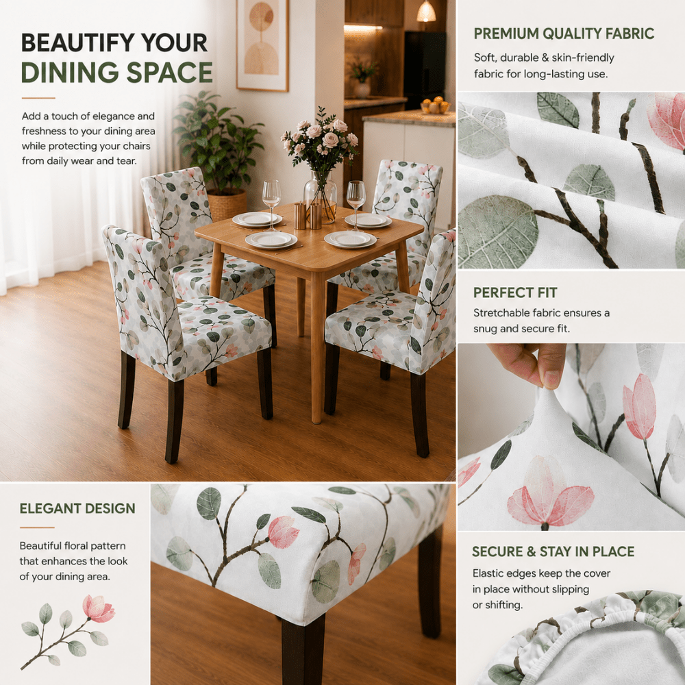Leaf Green Pink Flower Premium Chair Cover - Stretchable & Elastic Fitted printed chair covers Great Happy IN 