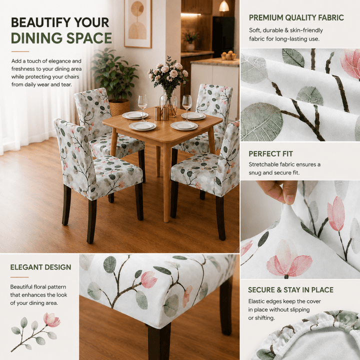 Leaf Green Pink Flower Premium Chair Cover - Stretchable & Elastic Fitted printed chair covers Great Happy IN 