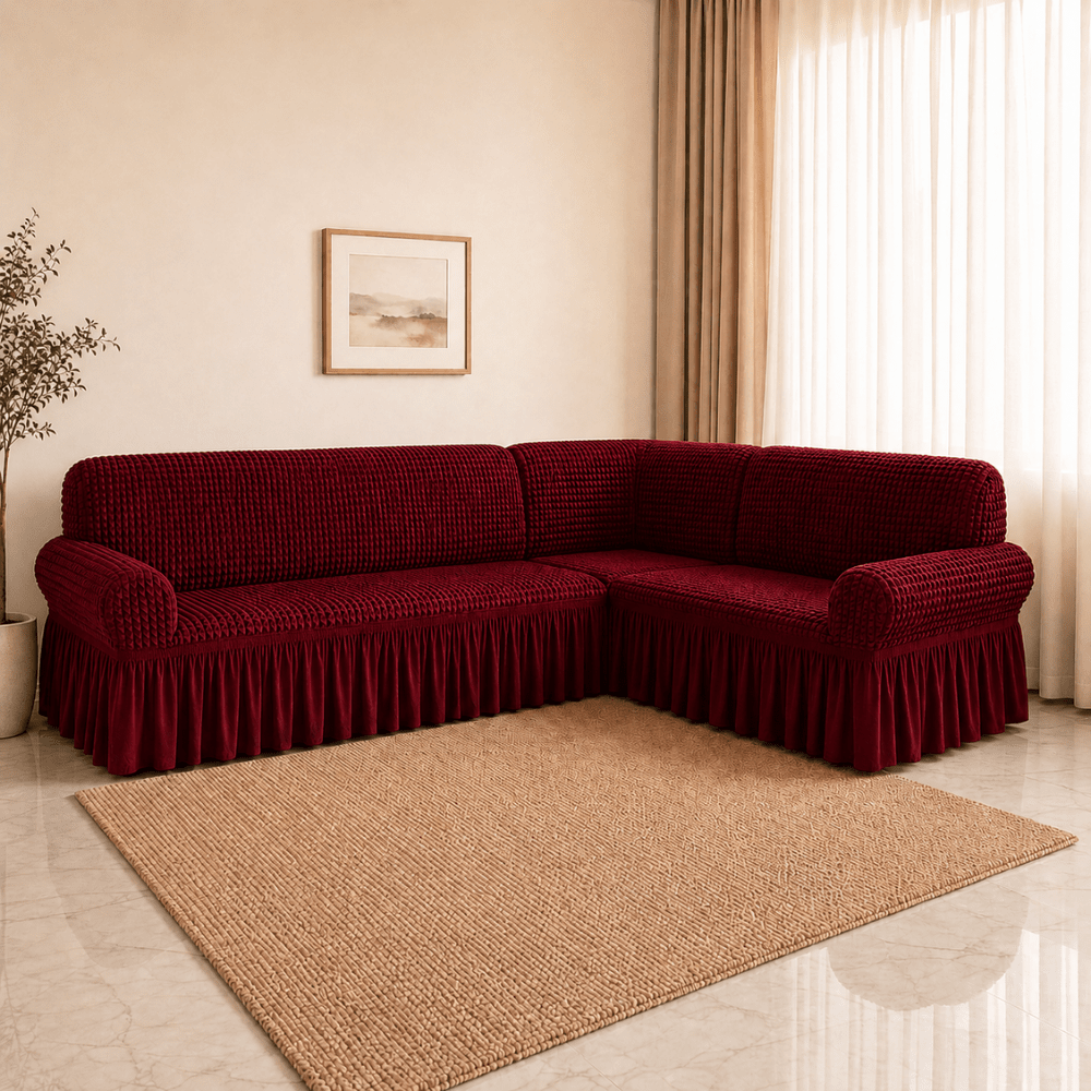 Maroon Bubble Frill Sofa Cover bubble frill sofa cover Great Happy IN 3+3(L SHAPE) 