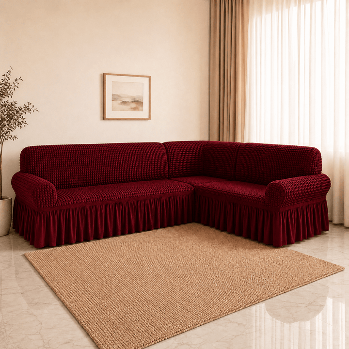 Maroon Bubble Frill Sofa Cover bubble frill sofa cover Great Happy IN 3+3(L SHAPE) 