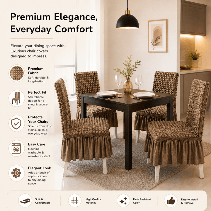 Light Brown Bubble Frill Chair Cover- Stretchable & Elastic Fitted Great Happy IN 