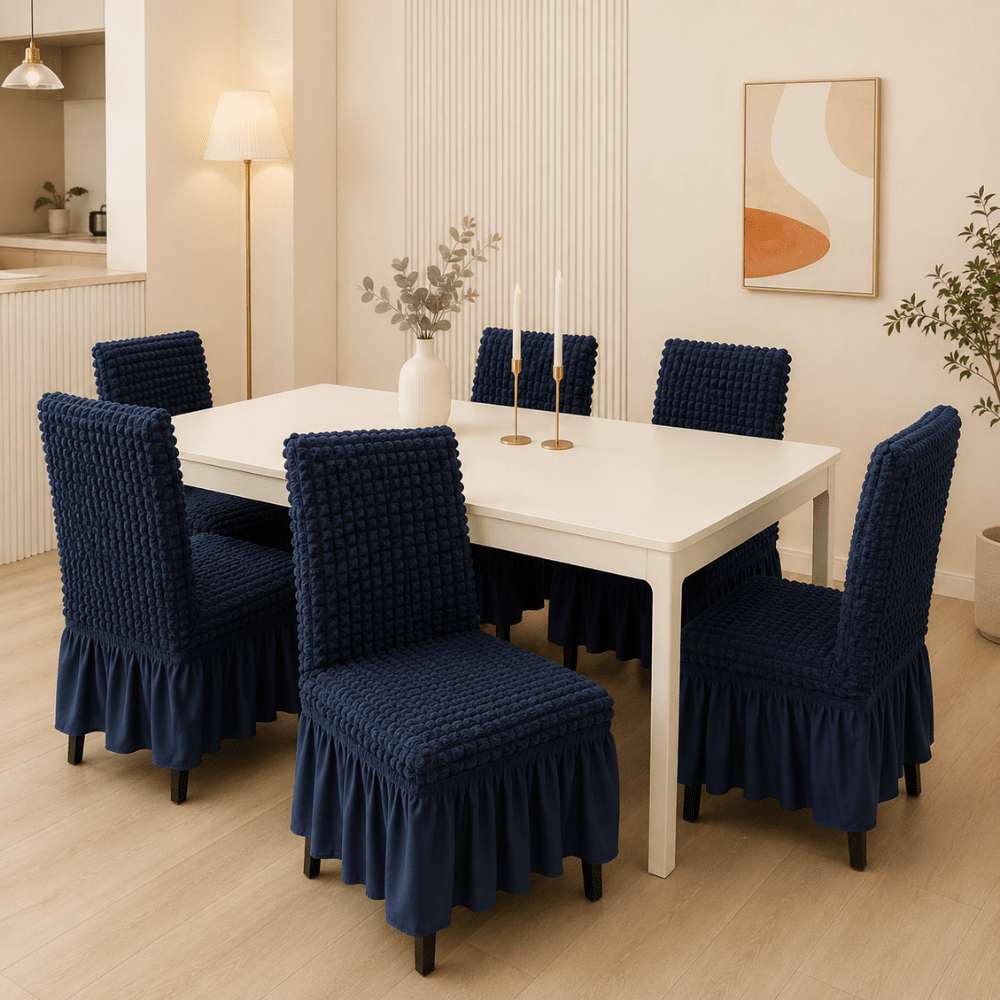 Navy Bubble Frill Chair Cover- Stretchable & Elastic Fitted Great Happy IN 4 PCS - ₹1799 