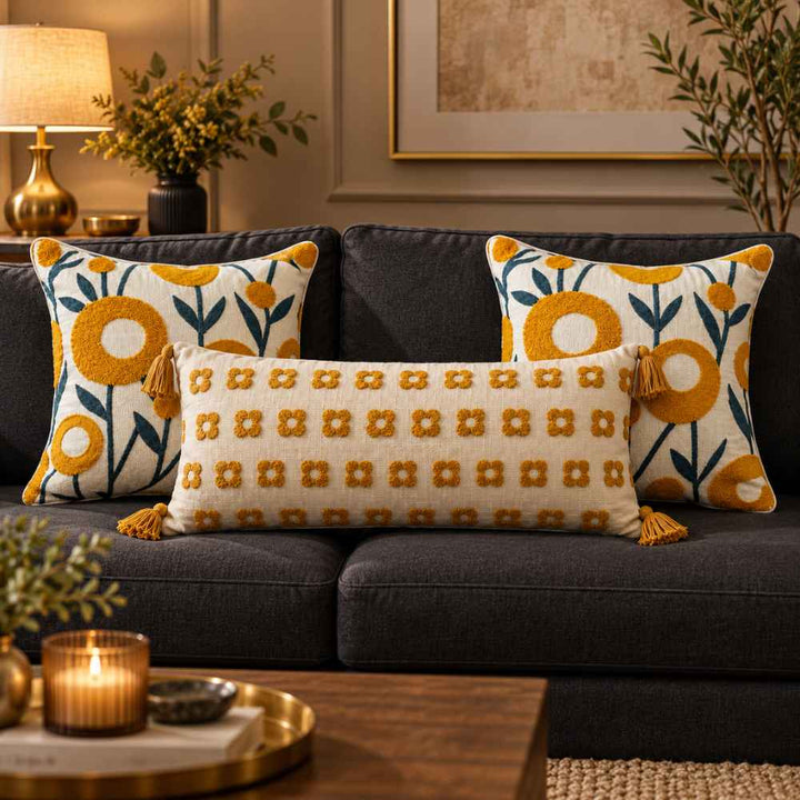 Festive Sofa Styling Set - Buy 1 Lumbar Cover, Get 2 Cushion Covers FREE cushion cover Great Happy IN Golden Flower Tufted 