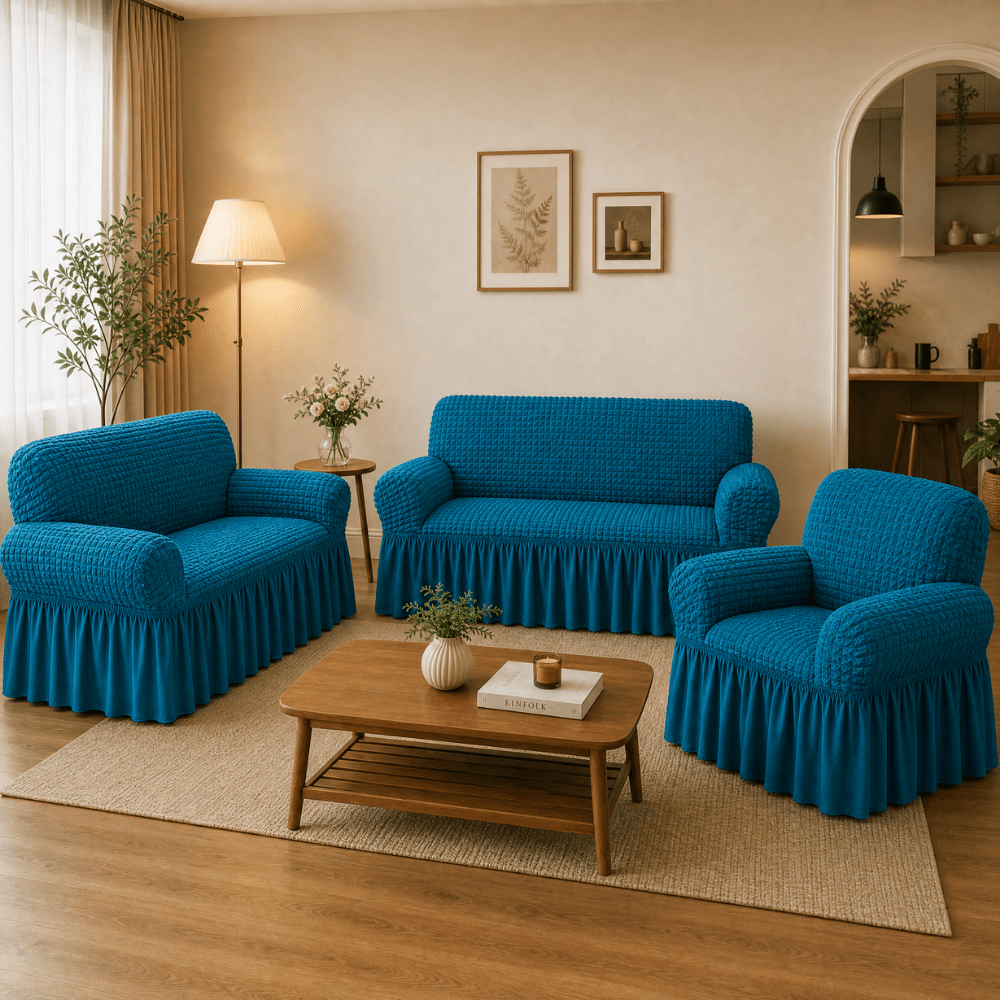 Teal Bubble Frill Sofa Cover bubble frill sofa cover Great Happy IN 3+1+1 Seater 
