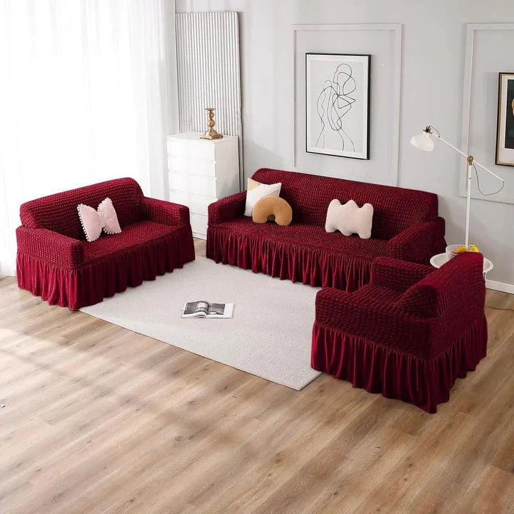 Bubble Frill Sofa Cover Great Happy IN Wine Bubblefrill 3+1+1 Seater 