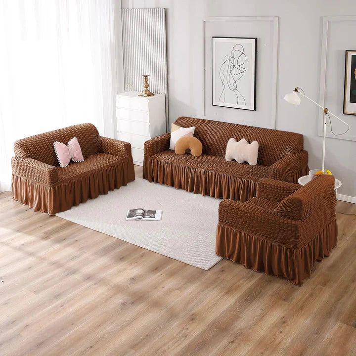 Coffee Bubble Frill Sofa Cover Great Happy IN 3+2+1 Seater 