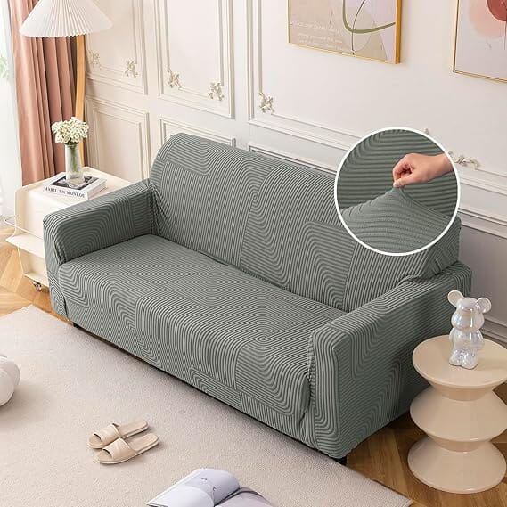 Dark Grey Geometric Line Pattern Jacquard Sofa Cover Great Happy IN 