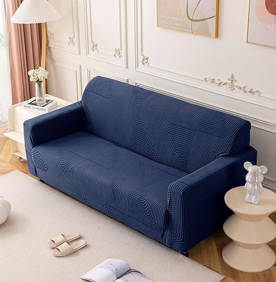 Navy Blue Geometric Line Pattern Jacquard Sofa Cover Great Happy IN 