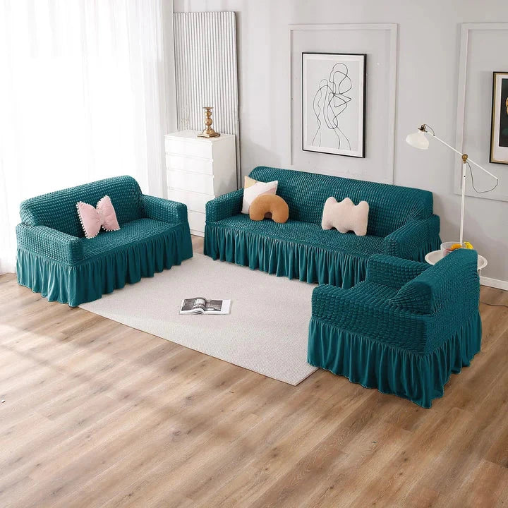 Teal Bubble Frill Sofa Cover Great Happy IN 3+2+1 Seater 