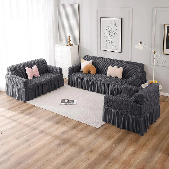 Grey Bubble Frill Sofa Cover Great Happy IN 3+2+1 Seater 