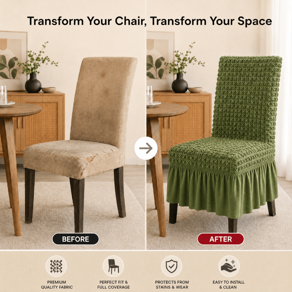 Green Bubble Frill Chair Cover- Stretchable & Elastic Fitted