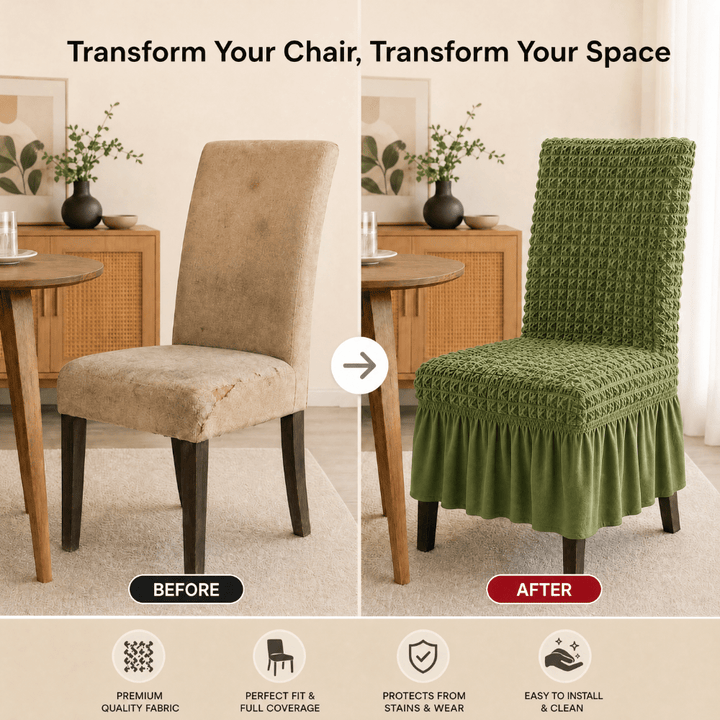 Green Bubble Frill Chair Cover- Stretchable & Elastic Fitted