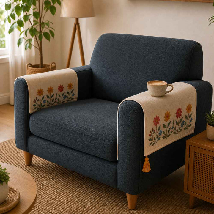 Jute Look Cotton Sofa Cover jute sofa cover Great Happy IN Phoolwari Hand Rest Cover - 2 PCS 