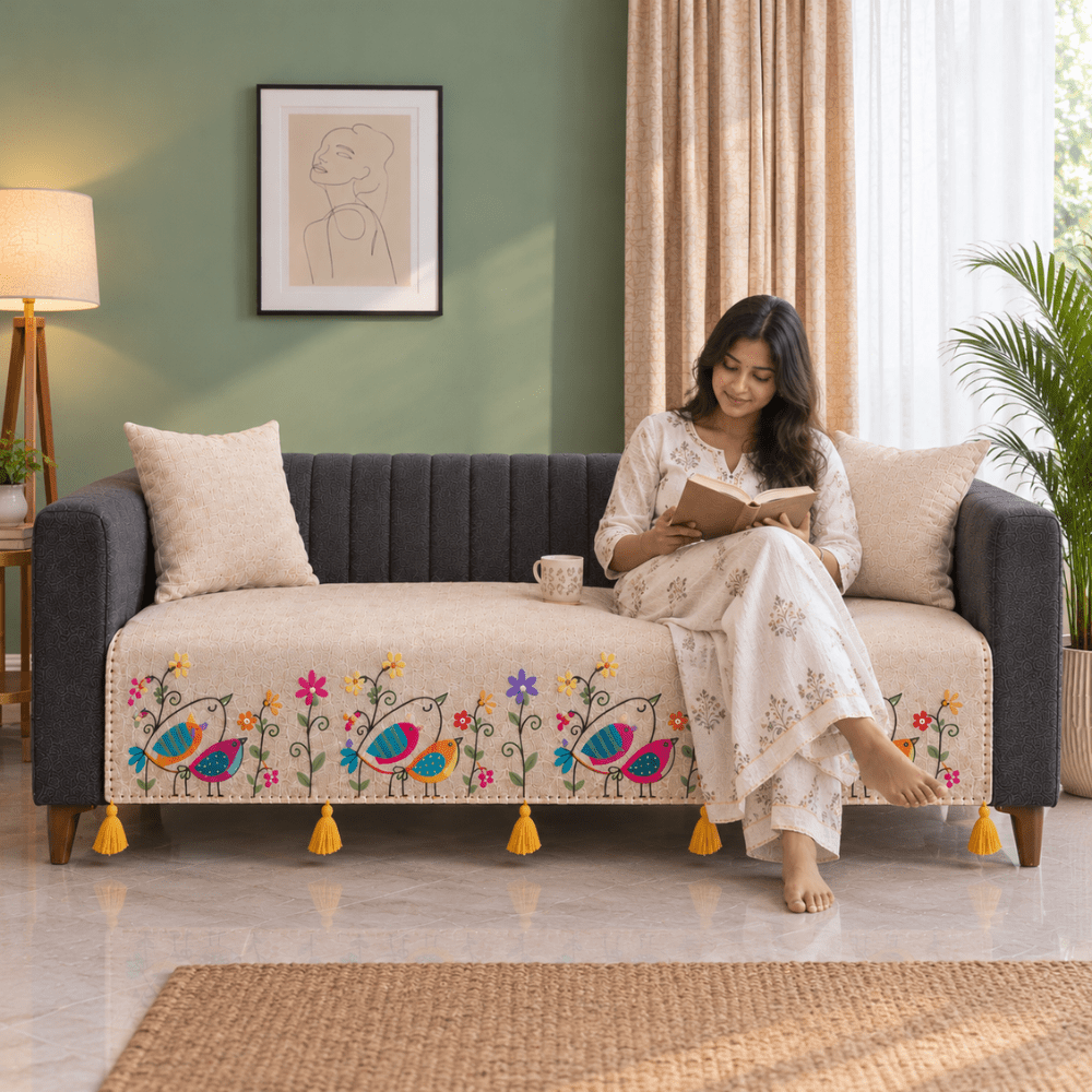 Bird Jute Look Cotton Sofa Cover jute sofa cover Great Happy IN 