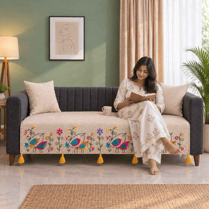 Bird Jute Look Cotton Sofa Cover jute sofa cover Great Happy IN 