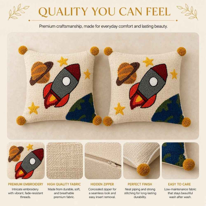 Space Rocket Artisan Embroidered Cushion Covers 16 × 16