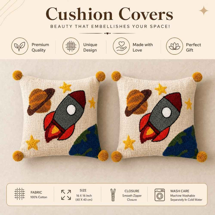 Space Rocket Artisan Embroidered Cushion Covers 16 × 16