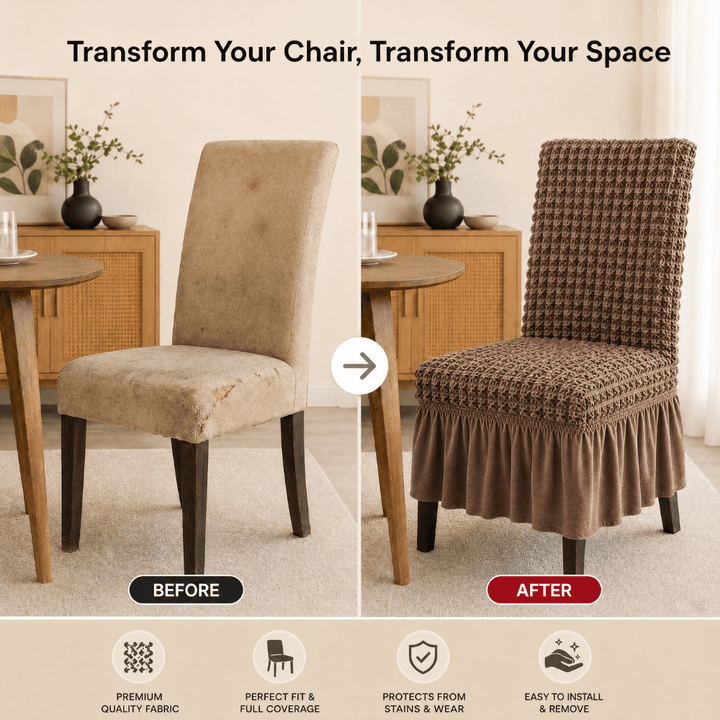 Light Brown Bubble Frill Chair Cover- Stretchable & Elastic Fitted Great Happy IN 