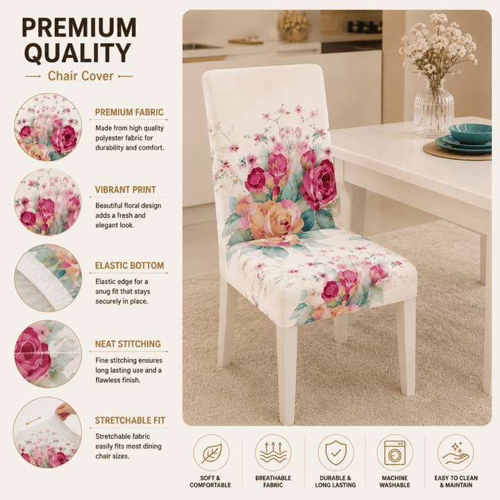 White Rose Premium Chair Cover - Stretchable & Elastic Fitted printed chair covers Great Happy IN 