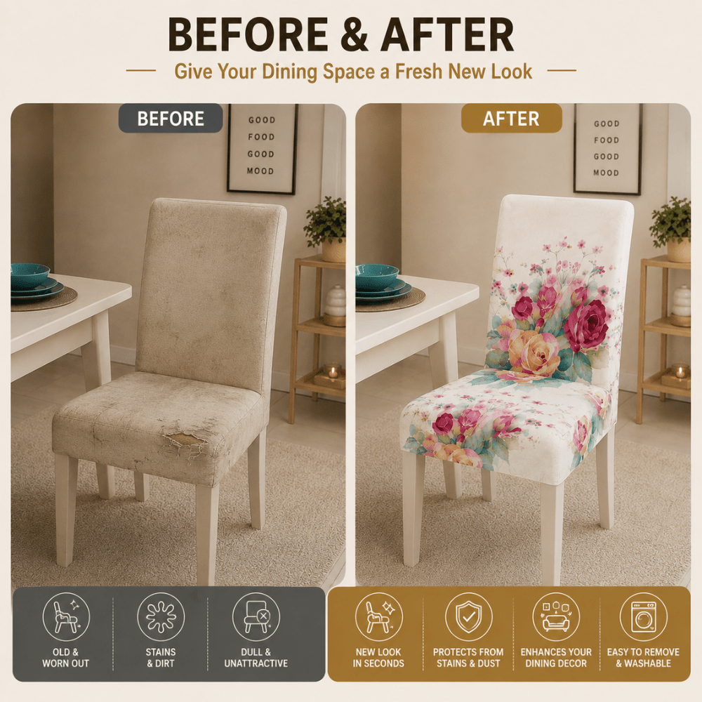 White Rose Premium Chair Cover - Stretchable & Elastic Fitted printed chair covers Great Happy IN 