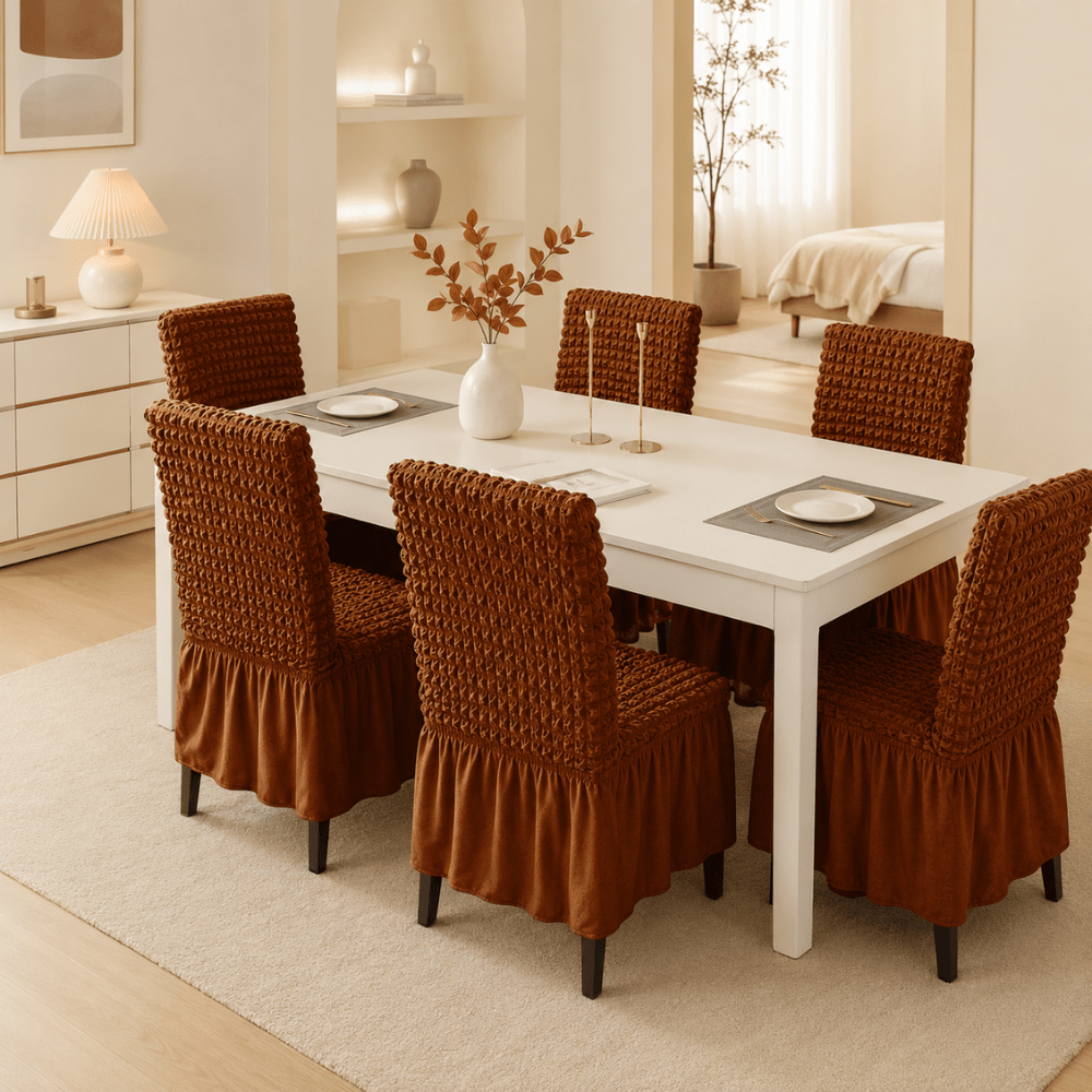 Brown Bubble Frill Chair Cover- Stretchable & Elastic Fitted Great Happy IN 4 PCS - ₹1799 