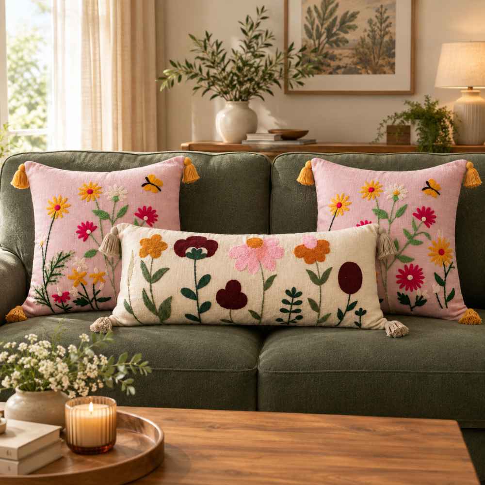 Festive Sofa Styling Set - Buy 1 Lumbar Cover, Get 2 Cushion Covers FREE cushion cover Great Happy IN Rose Gulbahar 