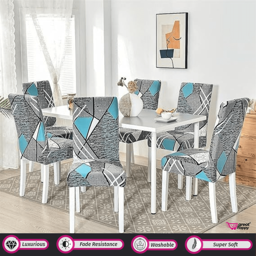 Premium Chair Cover - Stretchable & Elastic Fitted Great Happy IN Grey Blue Prism 4 PCS - ₹1299 