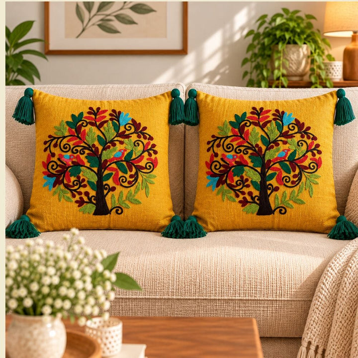 Artisan Embroidered Cushion Covers cushion cover Great Happy IN Mustard Tree Pack of 2 (₹450 per pcs) 
