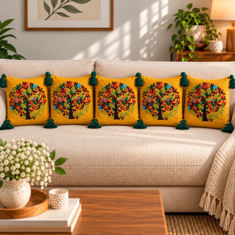 Artisan Embroidered Cushion Covers cushion cover Great Happy IN Mustard Tree Pack of 5 (₹375 per pcs) 