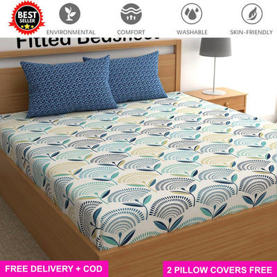 Cotton Elastic Fitted Bedsheet with 2 Pillow Covers - Fits with any Beds & Mattresses Great Happy IN Blue Farm Contrast KING SIZE 