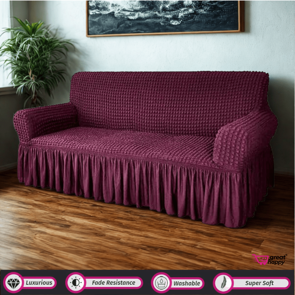 Bubble Frill Sofa Cover Great Happy IN Wine 3 Seater 