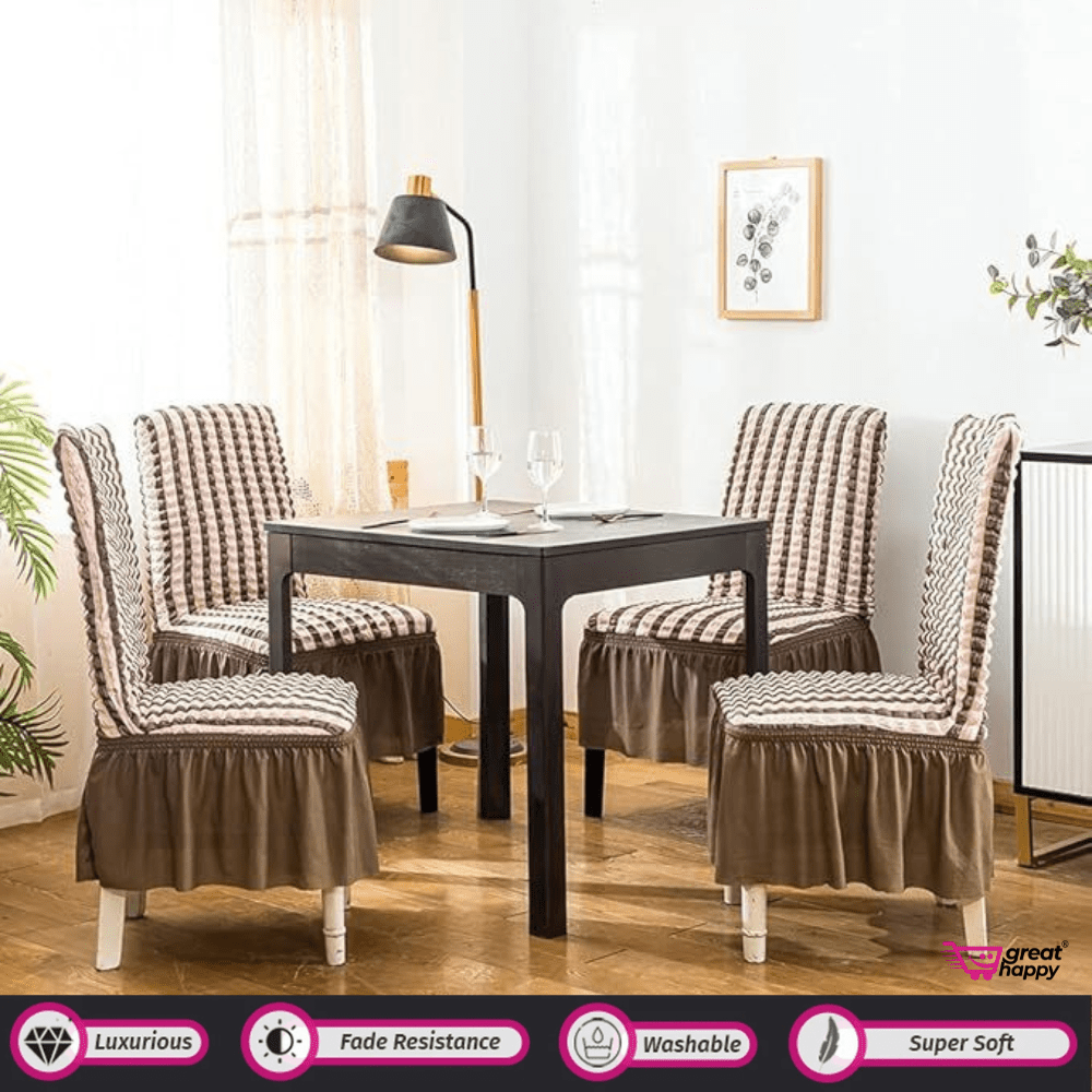 Bubble Frill Chair Cover- Stretchable & Elastic Fitted Great Happy IN Bubble Frill Beige Stripe 4 PCS - ₹1899 