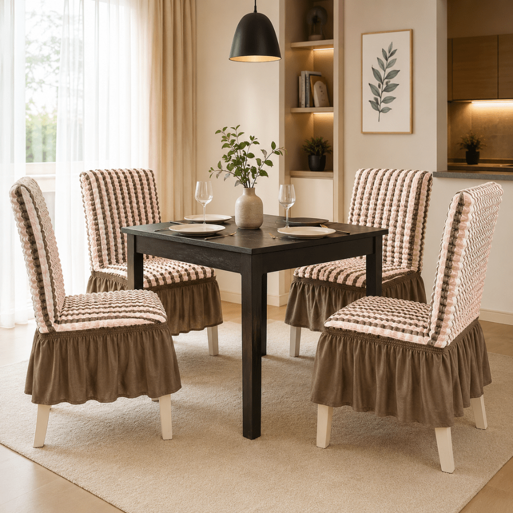 Beige Stripe Bubble Frill Chair Cover- Stretchable & Elastic Fitted