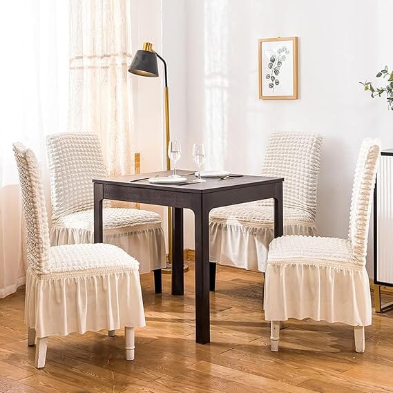 Bubble Frill Stretchable & Wrinkle-Free Chair Cover bubble frill chair cover Great Happy IN Bubble Frill Beige 4 PCS (₹475 per pcs) 