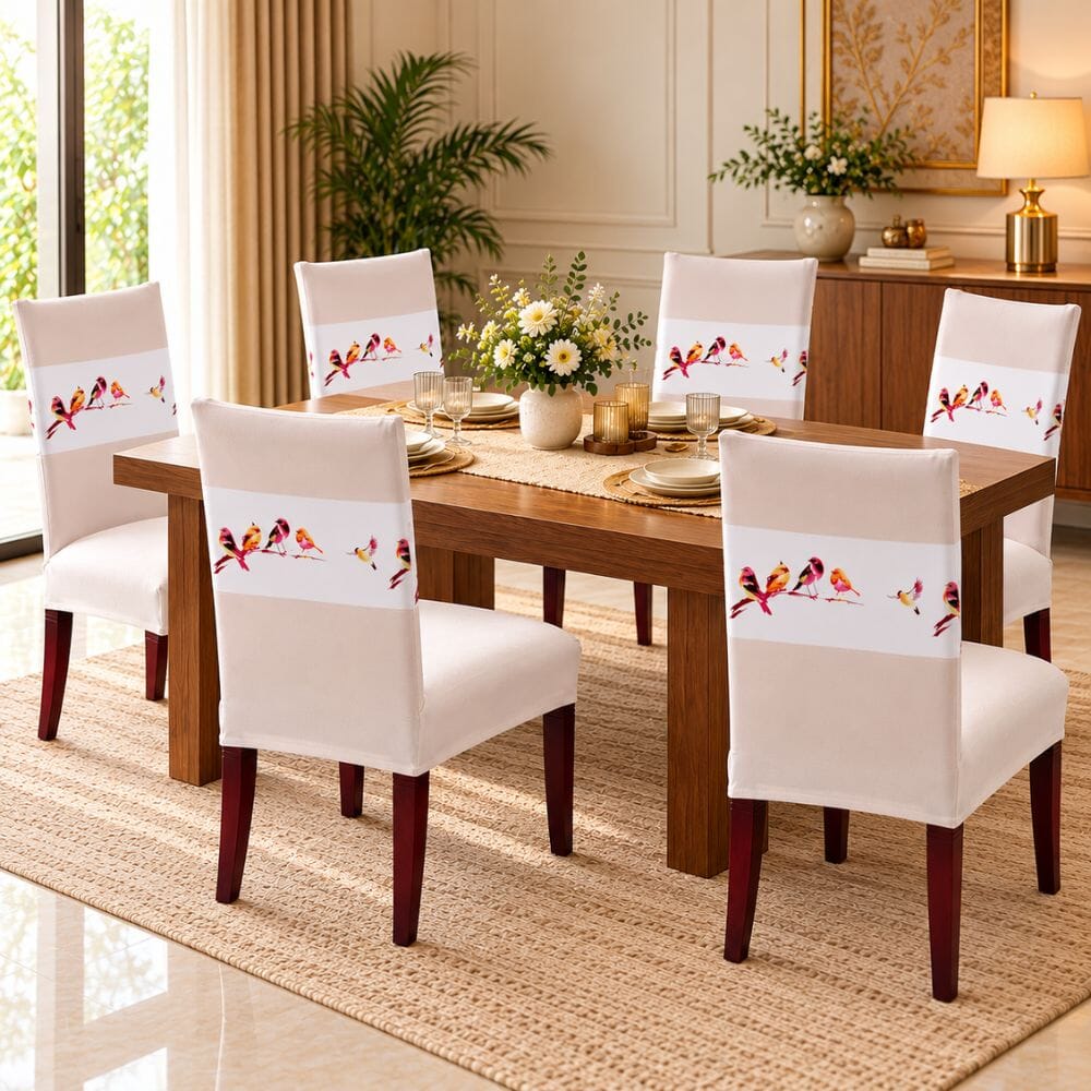 Beige Bird Premium Chair Cover - Stretchable & Elastic Fitted printed chair covers Great Happy IN 6 PCS (₹285 per pcs) 