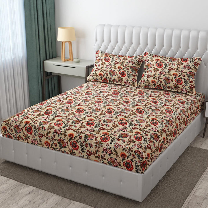 Cotton Elastic Fitted Bedsheet - Fits with any Beds & Mattresses Great Happy IN Beige Red Floral KING SIZE 