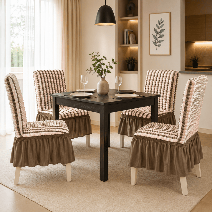 Bubble Frill Stretchable & Wrinkle-Free Chair Cover Great Happy IN Bubble Frill Beige Stripe 4 PCS (₹450 per pcs) 