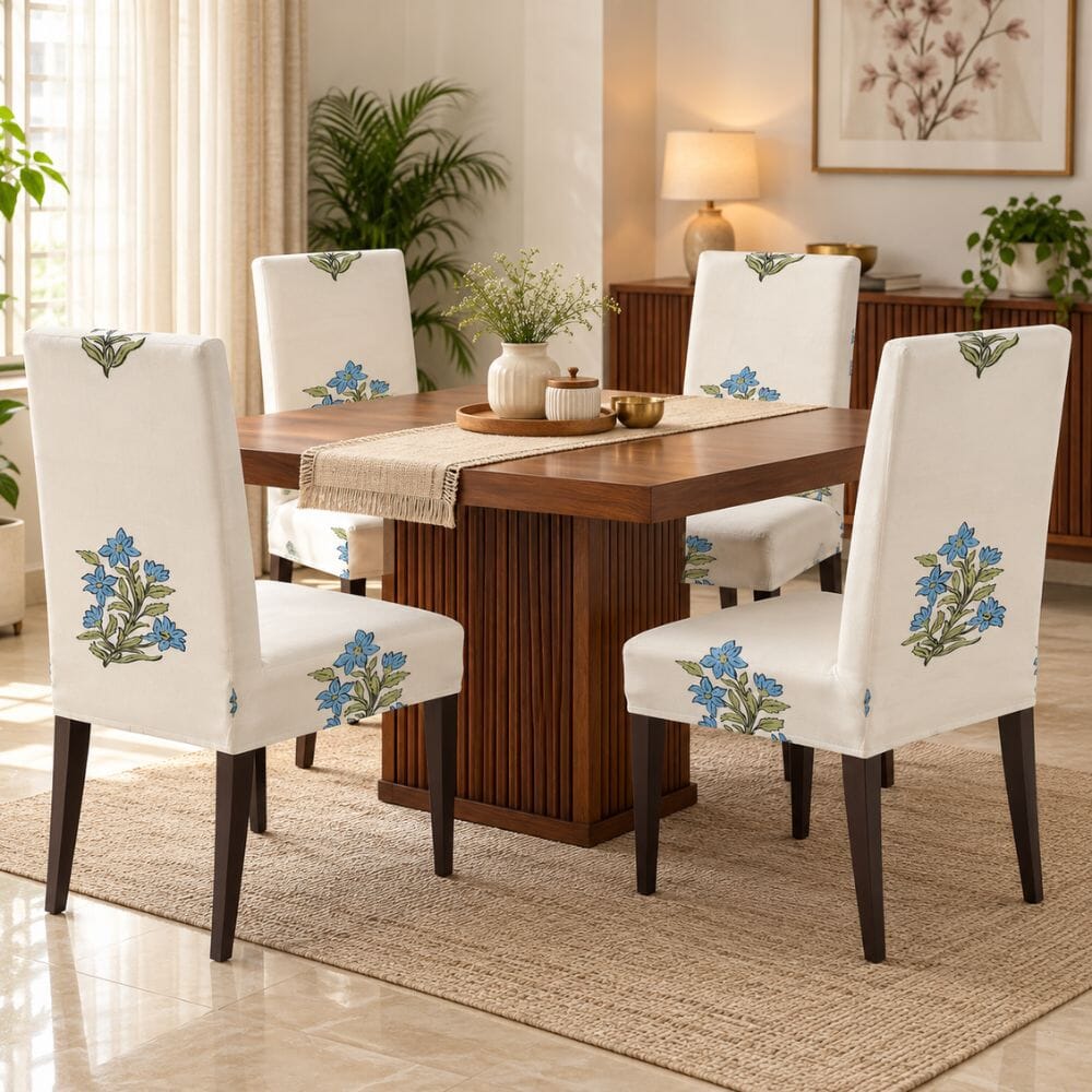 Premium Chair Cover - Stretchable & Elastic Fitted printed chair covers Great Happy IN Beige Wildflower 4 PCS (₹325 per pcs) 