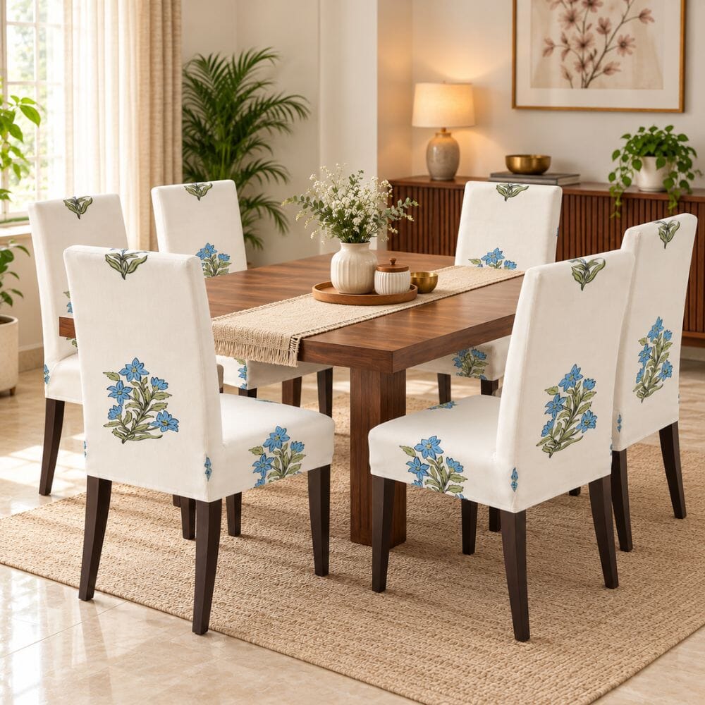 Premium Chair Cover - Stretchable & Elastic Fitted printed chair covers Great Happy IN Beige Wildflower 6 PCS (₹285 per pcs) 
